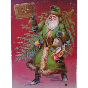 Santa Claus Green Suit Coat Christmas Postcard Old World Unused Germany
